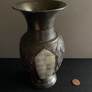 Vintage Metal/Brass Flower Vase w/ Mother of Pearl Inlay